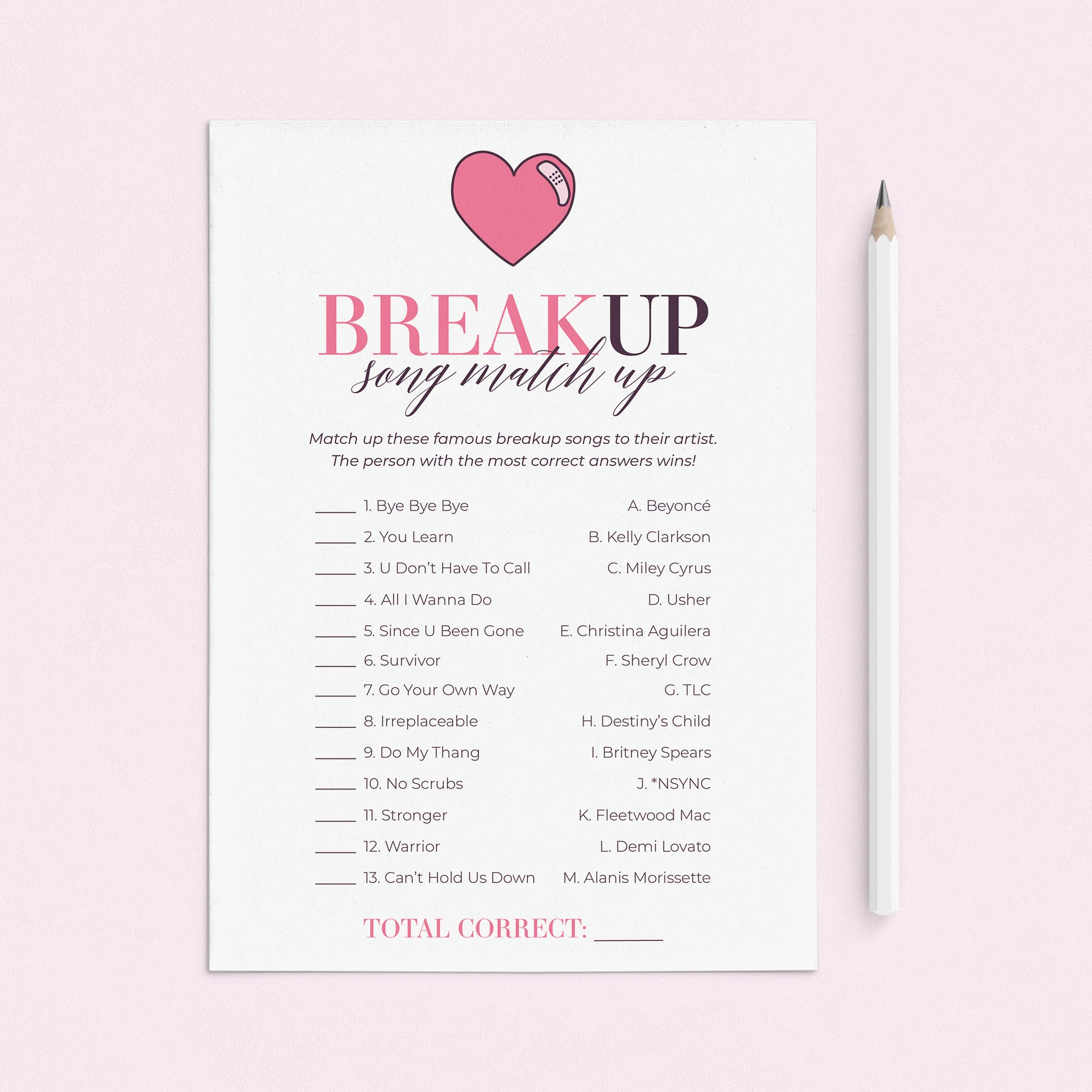 Breakup Songs Match Up with Answer Key Printable