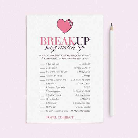 Breakup Songs Match Up with Answer Key Printable