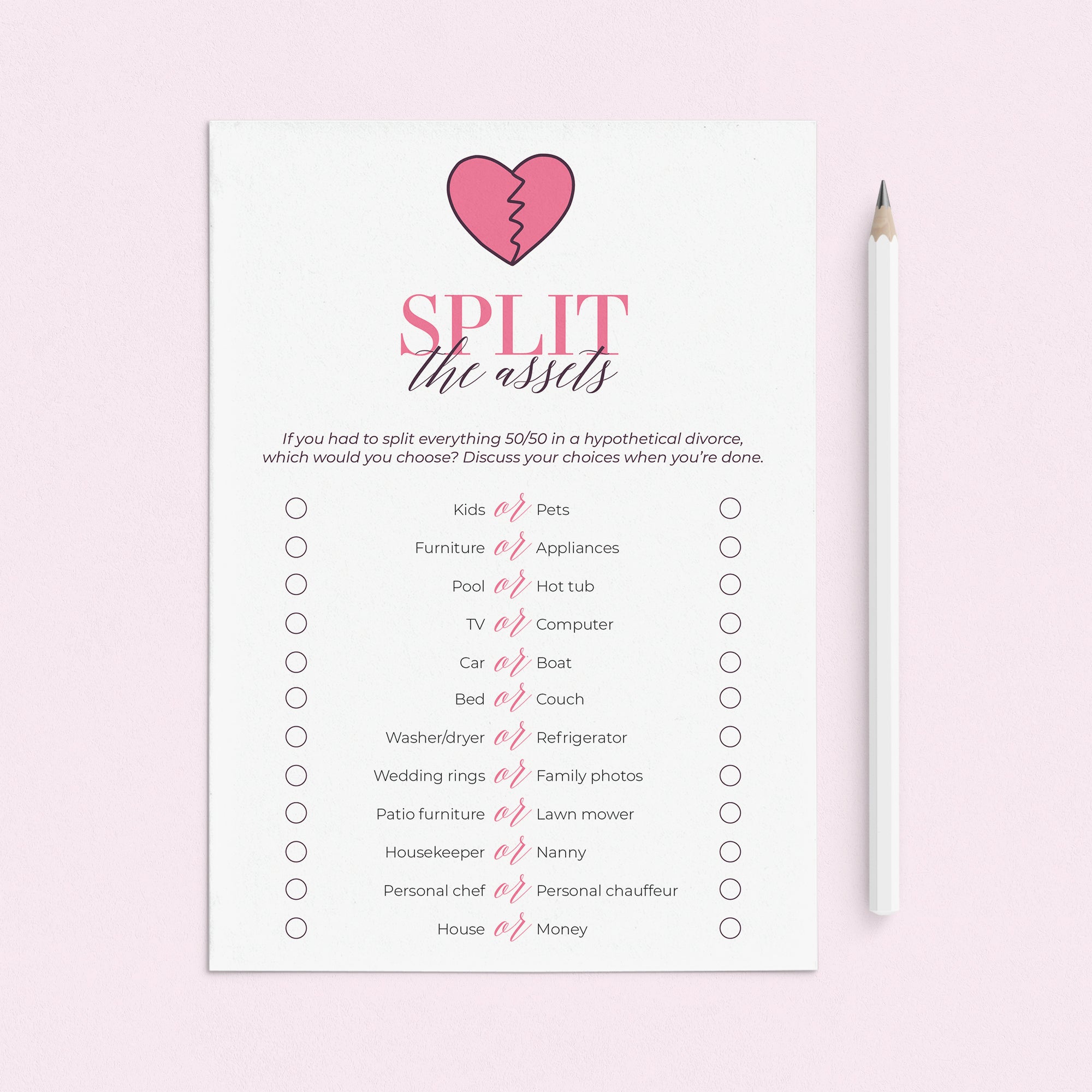 Split Up Party Game Split The Assets Printable by LittleSizzle