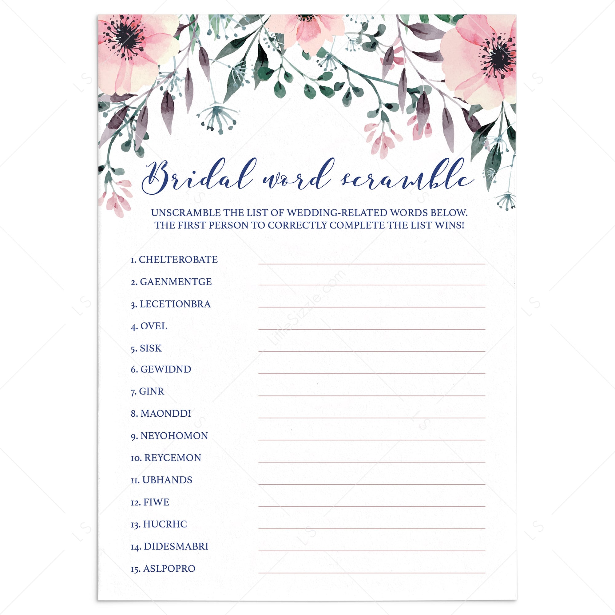Printable Bridal Word Scramble Game Cards Floral by LittleSizzle