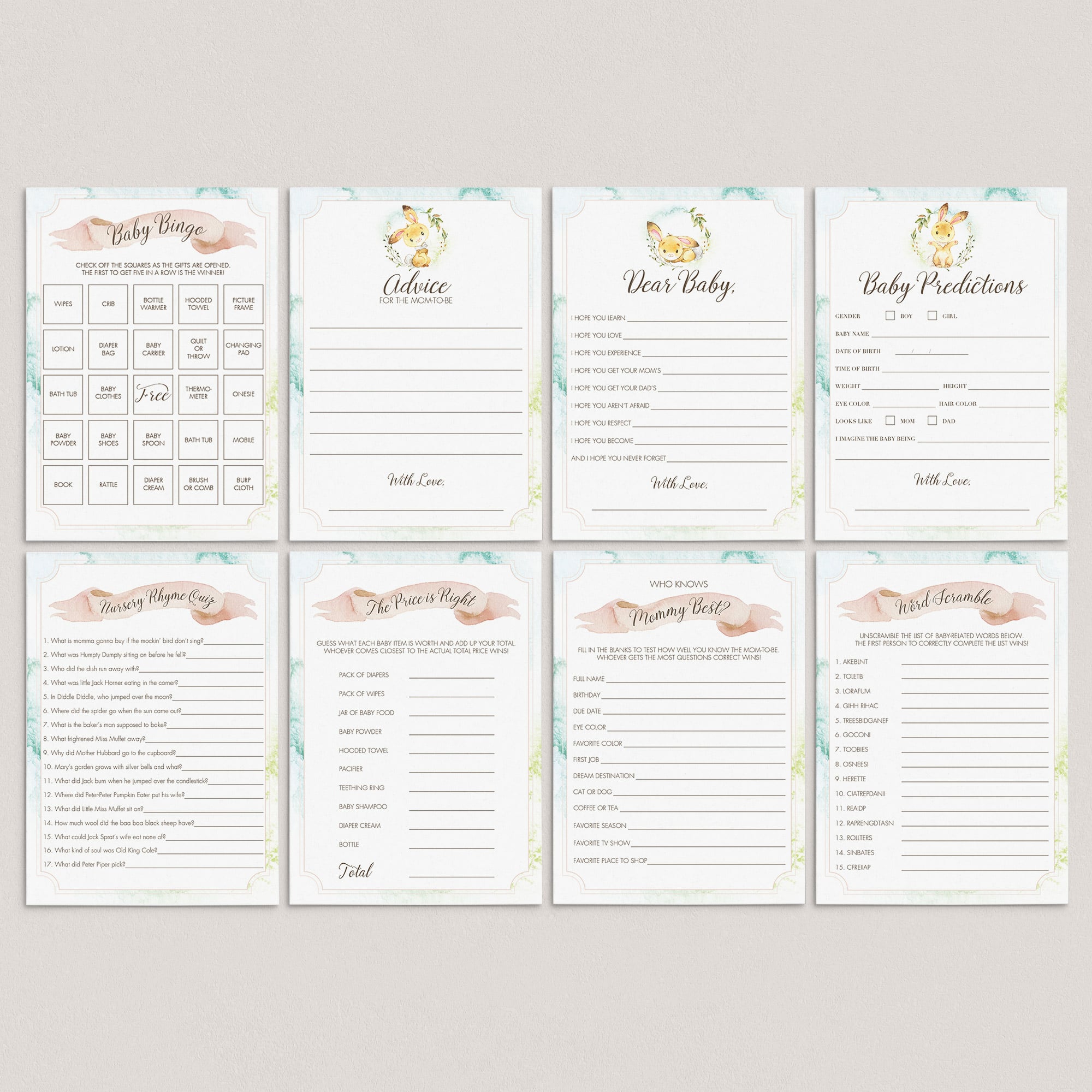 Printable Blush Pink Watercolor Baby Shower Game Package by LittleSizzle