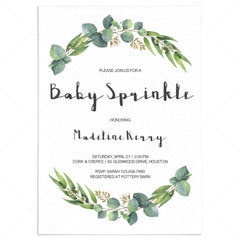 Baby sprinkle invitation template with eucalyptus leaves by LittleSizzle