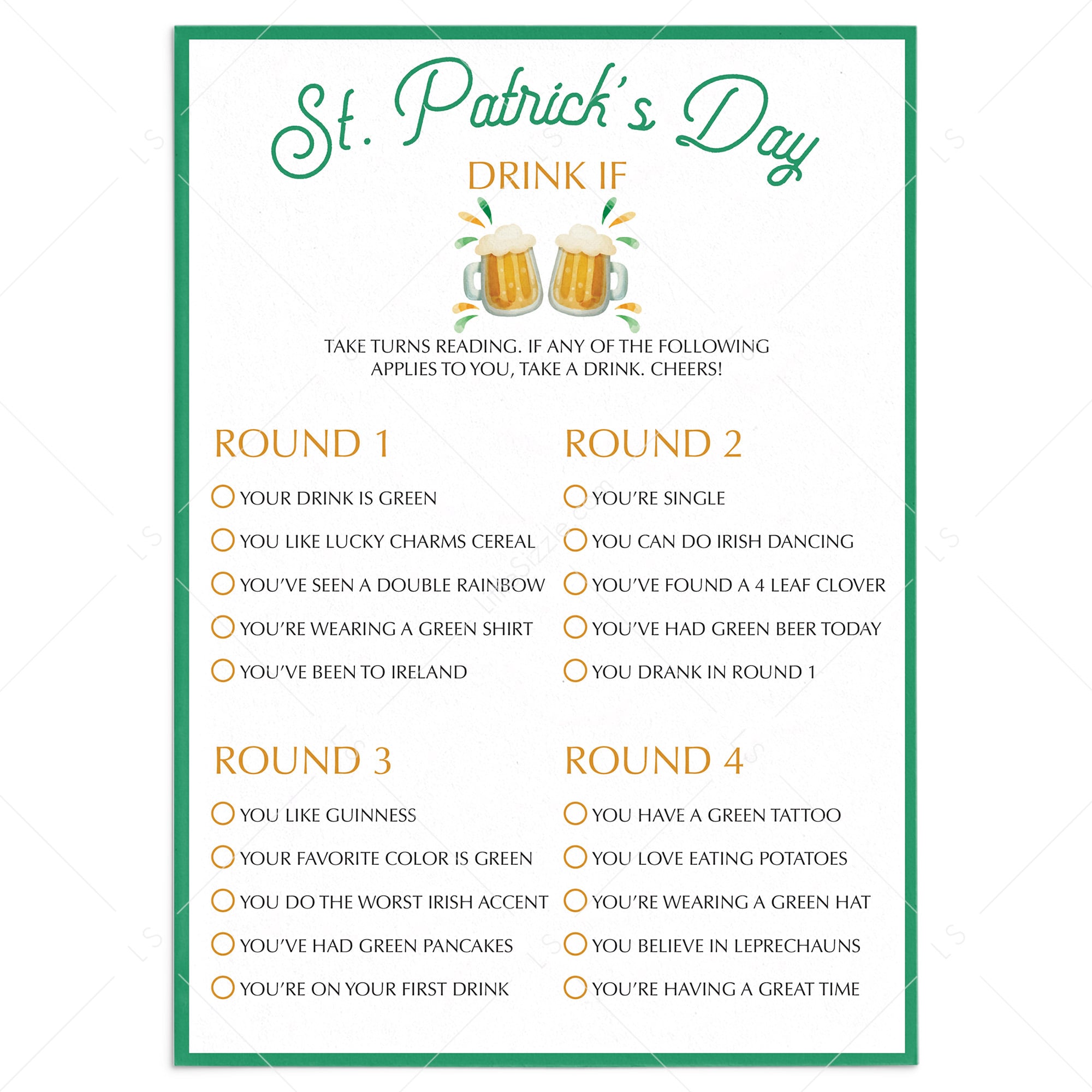 St Patrick's Day Drinking Game Printable by LittleSizzle
