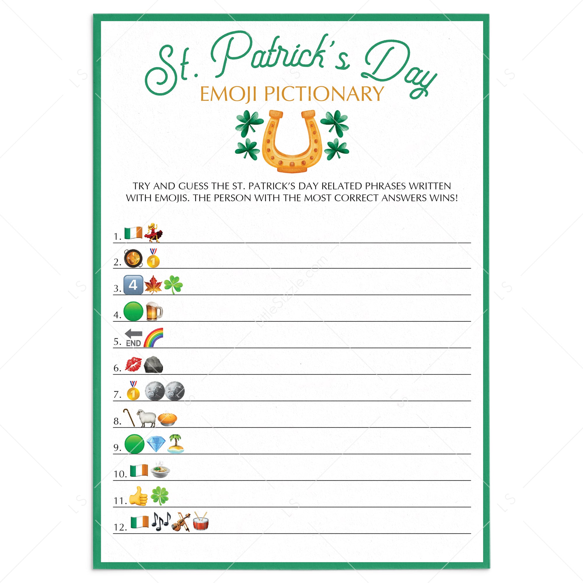 St. Patrick's Day Game Emoji Pictionary Printable & Virtual by LittleSizzle