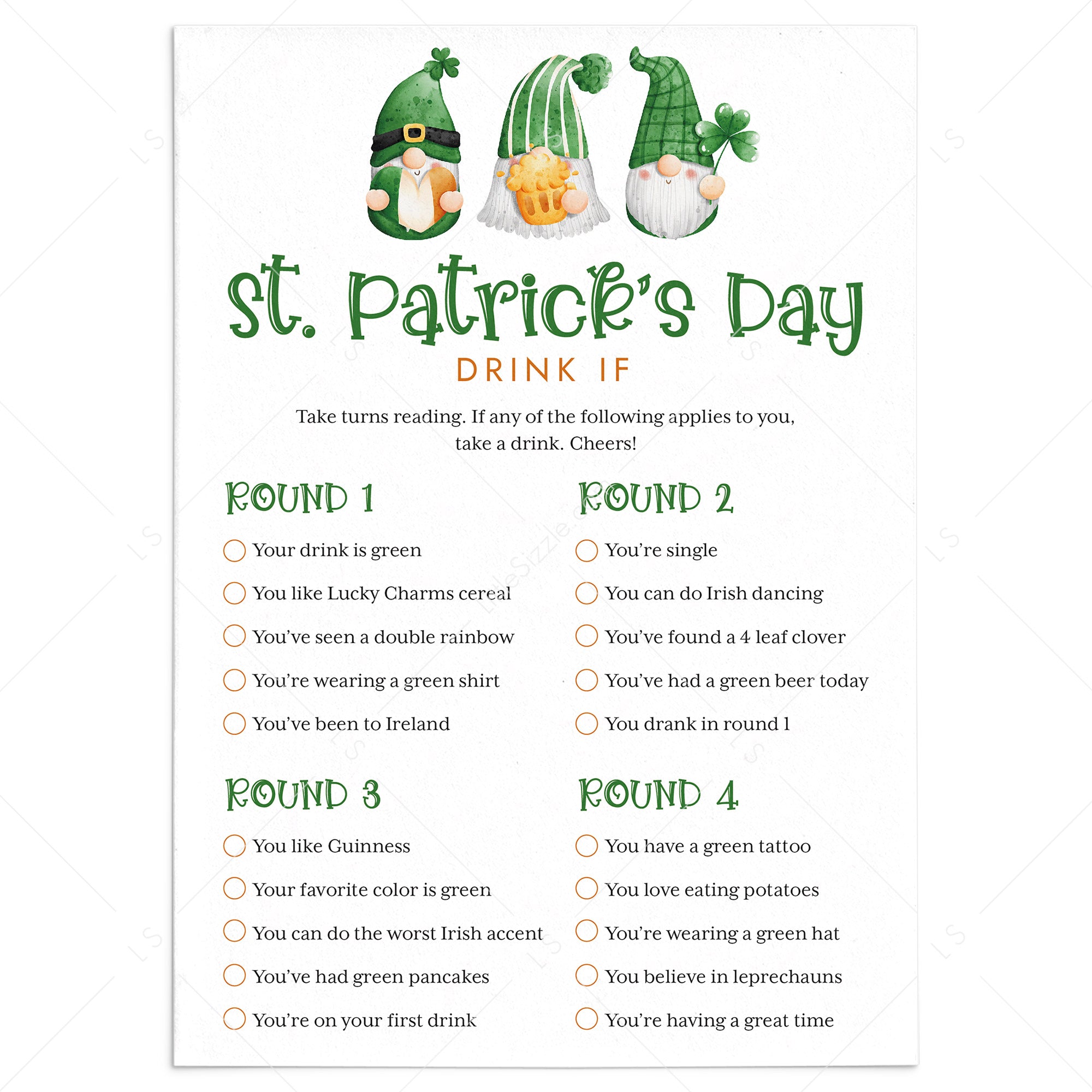 Saint Patrick's Day Game for Adults Drink If Printable by LittleSizzle
