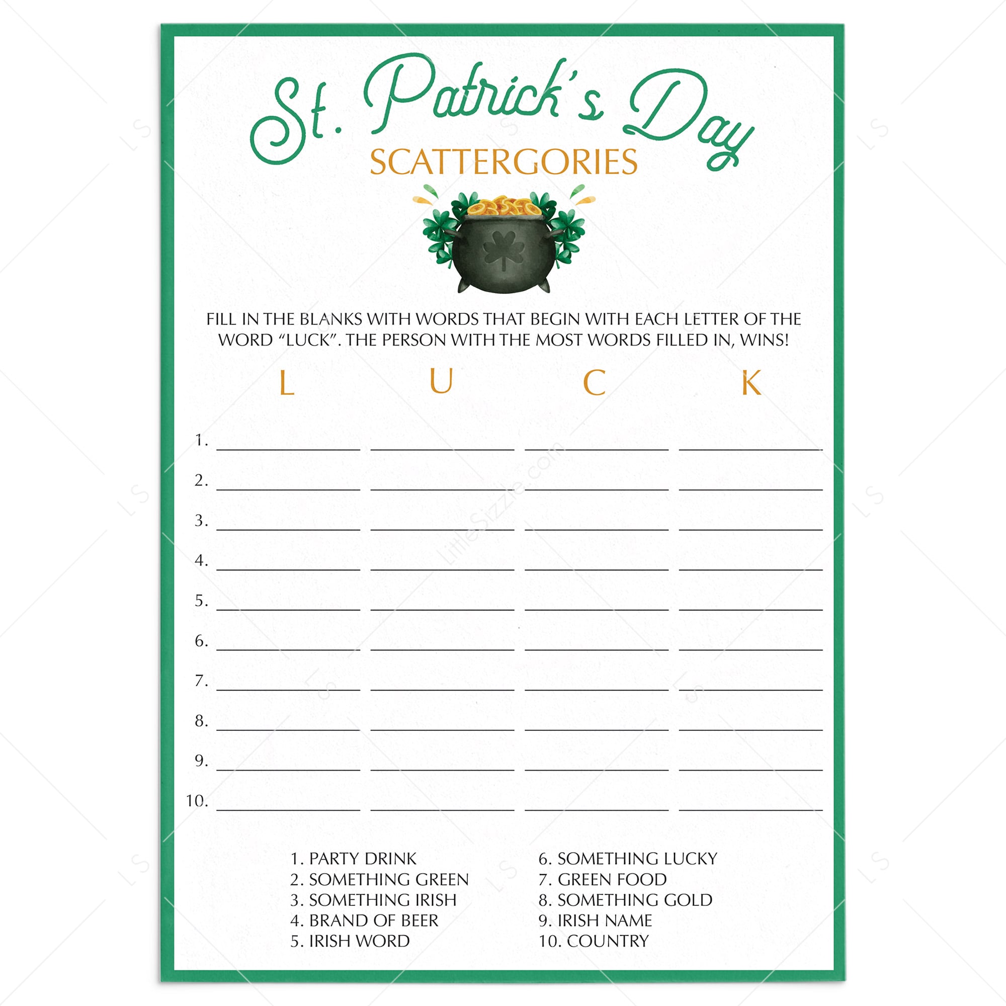 St. Patrick's Day Game For Kids Scattergories by LittleSizzle
