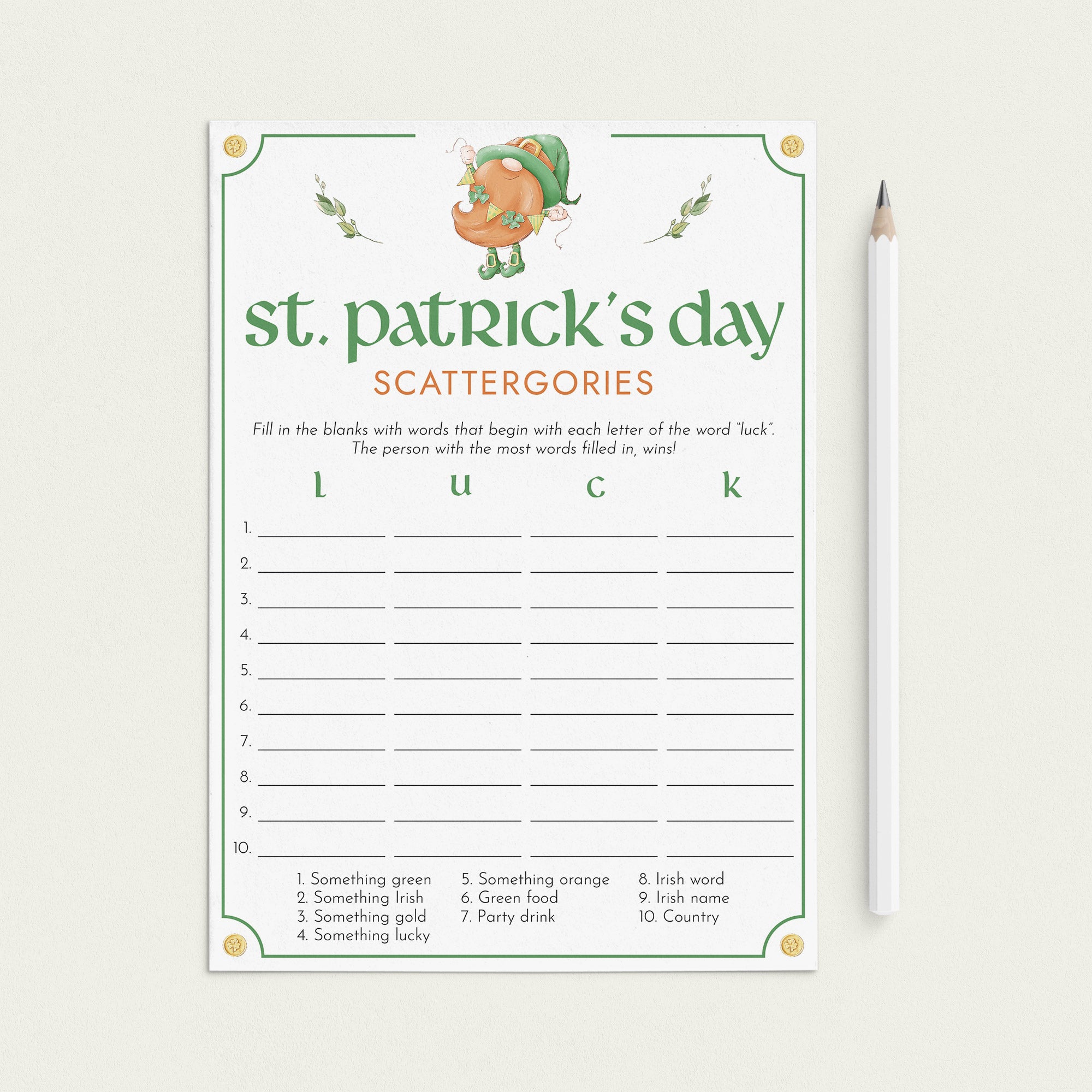 St Patricks Game Scattergories Instant Download by LittleSizzle