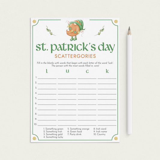 St Patricks Game Scattergories Instant Download by LittleSizzle