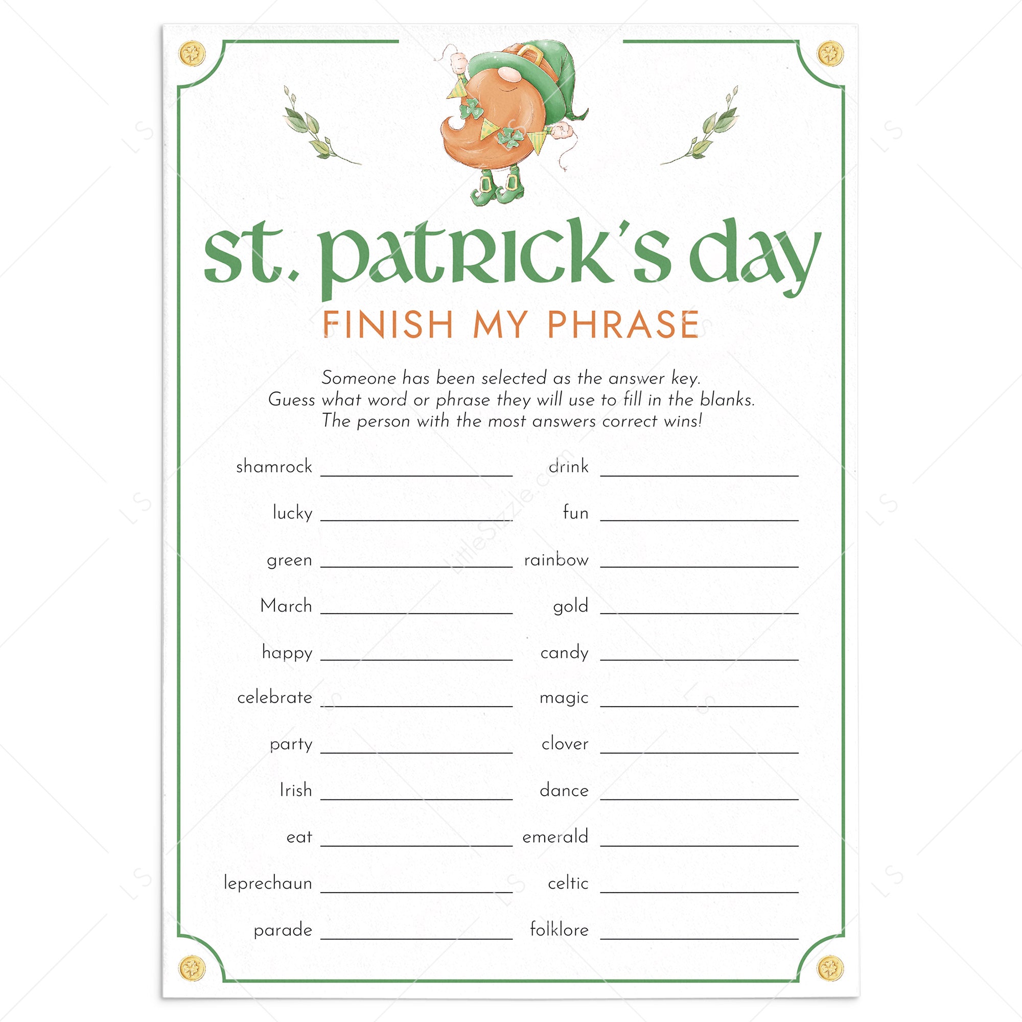 Printable St Patricks Game Finish My Phrase by LittleSizzle