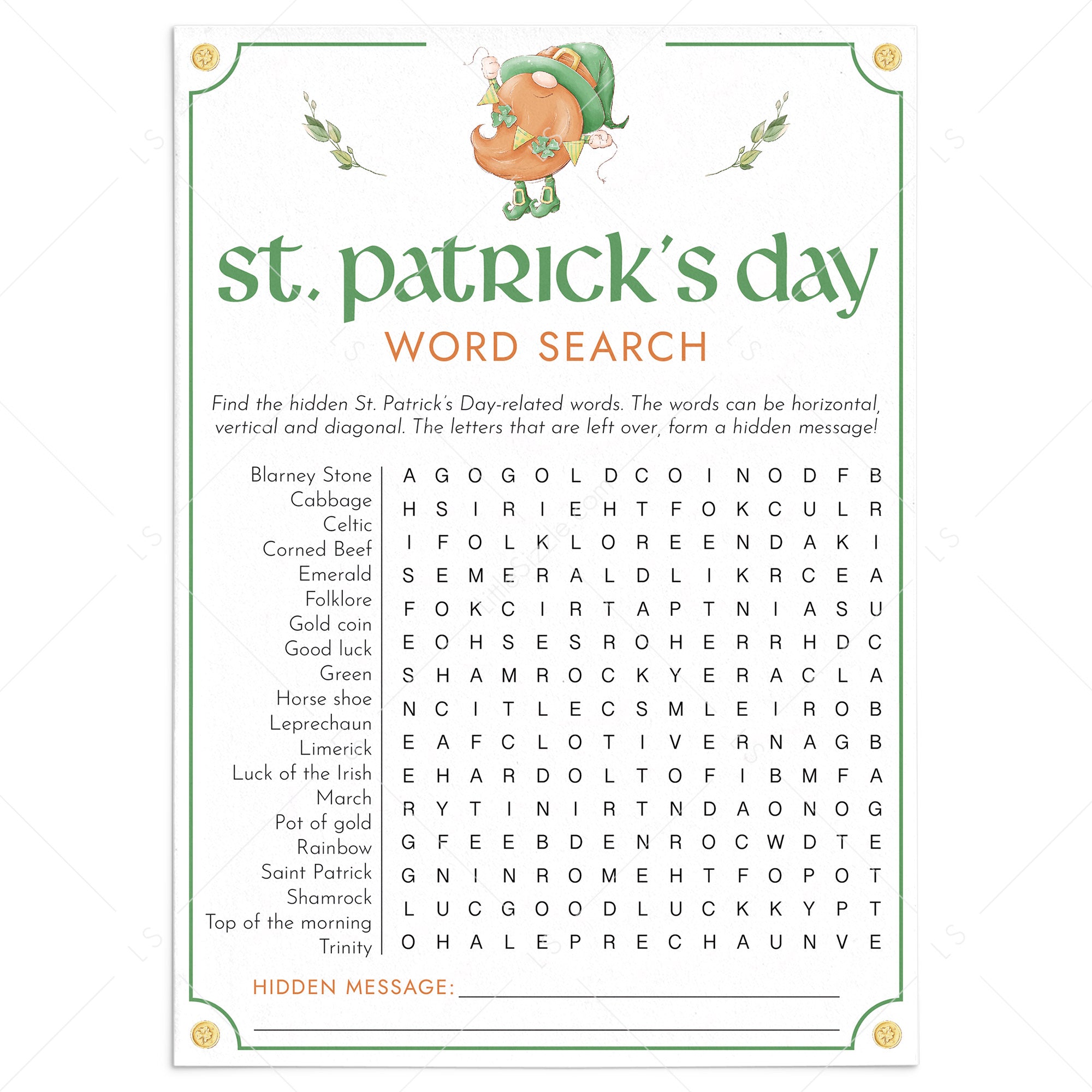 Kids St Patricks Day Game Printable Word Search by LittleSizzle