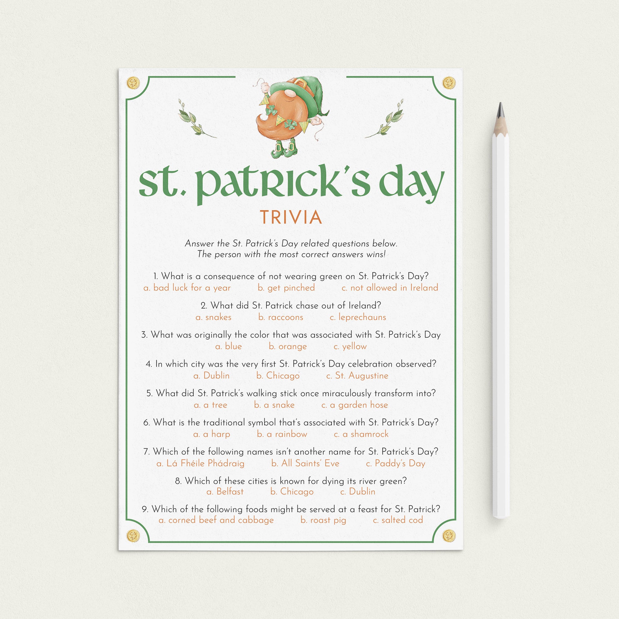 St Patrick's Day Trivia Questions and Answers Printable by LittleSizzle