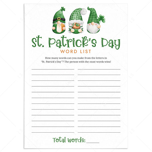 St Patrick's Game for Kids Printable Word List by LittleSizzle