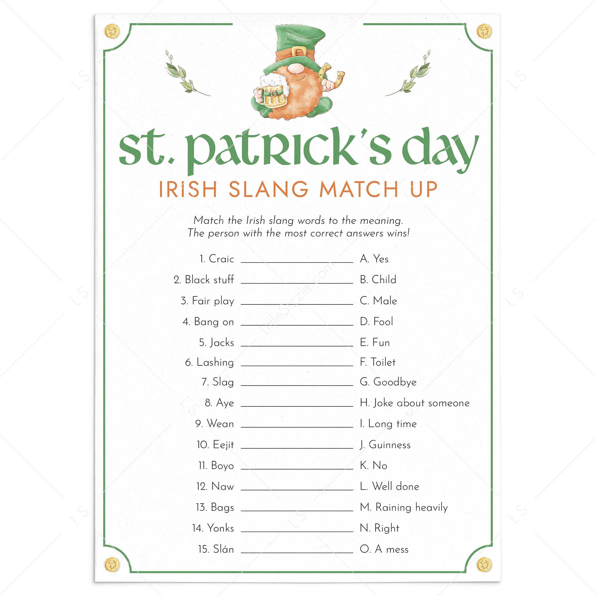 St Patrick's Party Game Irish Slang Match Up Printable by LittleSizzle