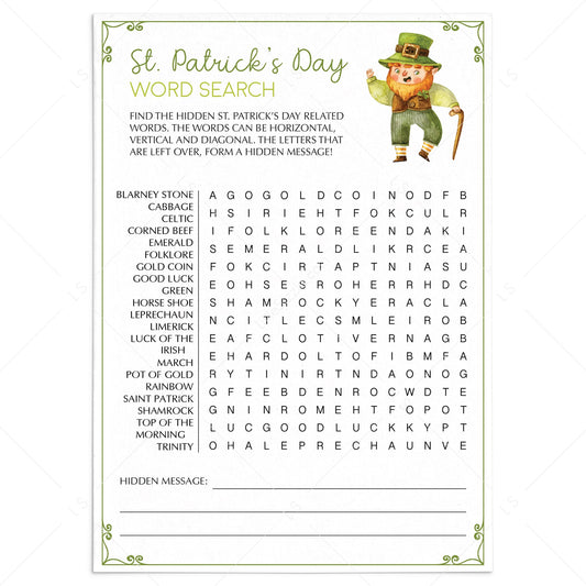 Printable St Patricks Word Search Game with Answers by LittleSizzle