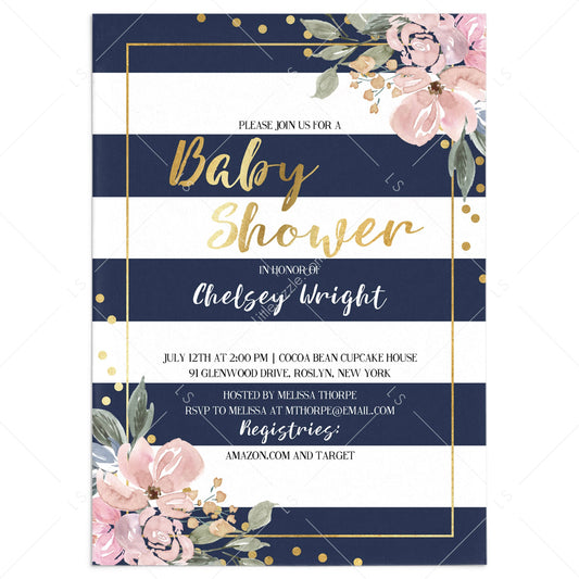 Pink, Gold and Navy Baby Shower Invitation with Florals, Confetti and Stripes by LittleSizzle
