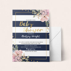 Navy, pink and gold floral baby invitation template by LittleSizzle
