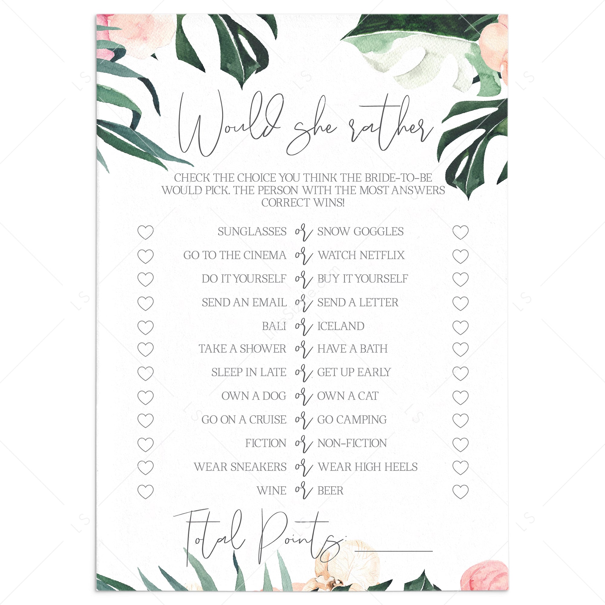 Summer Bridal Shower Game Would She Rather Printable by LittleSizzle
