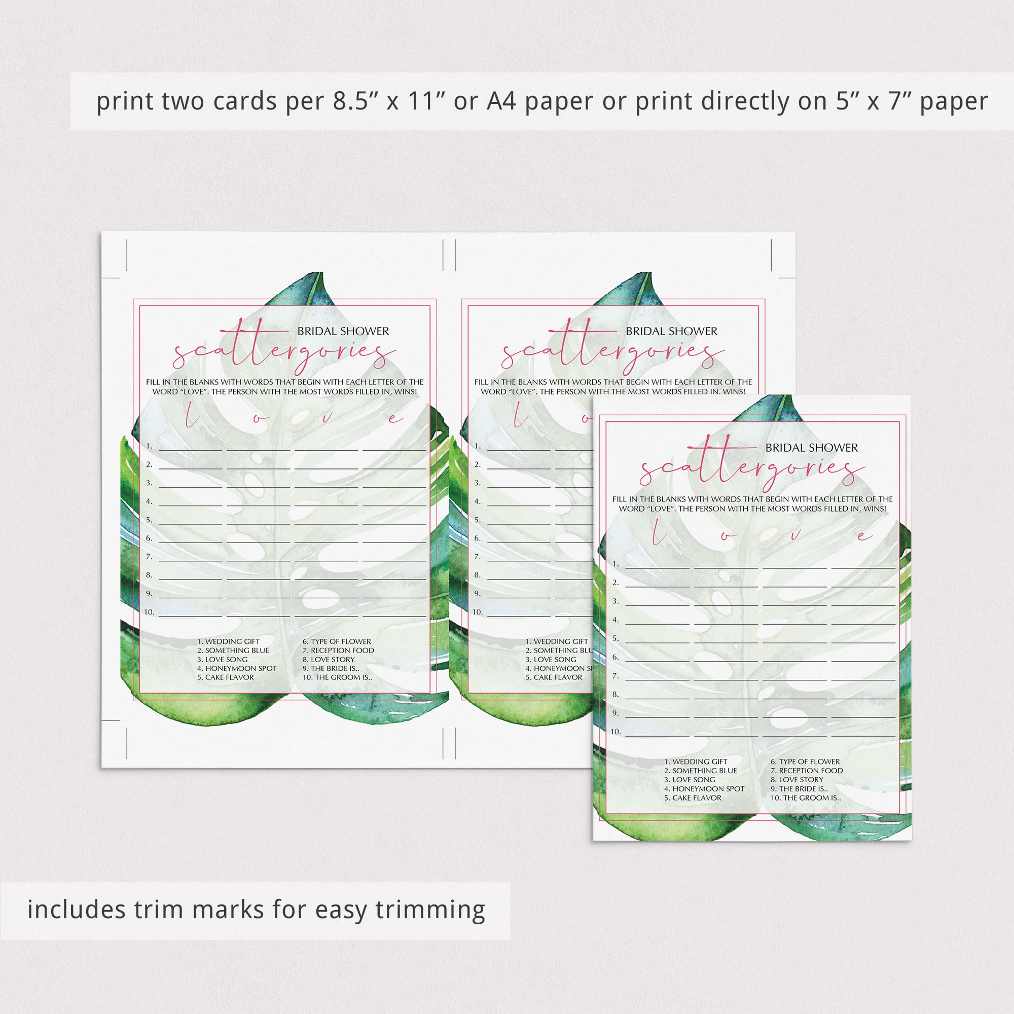 green watercolor wedding shower scattergories quiz printable
