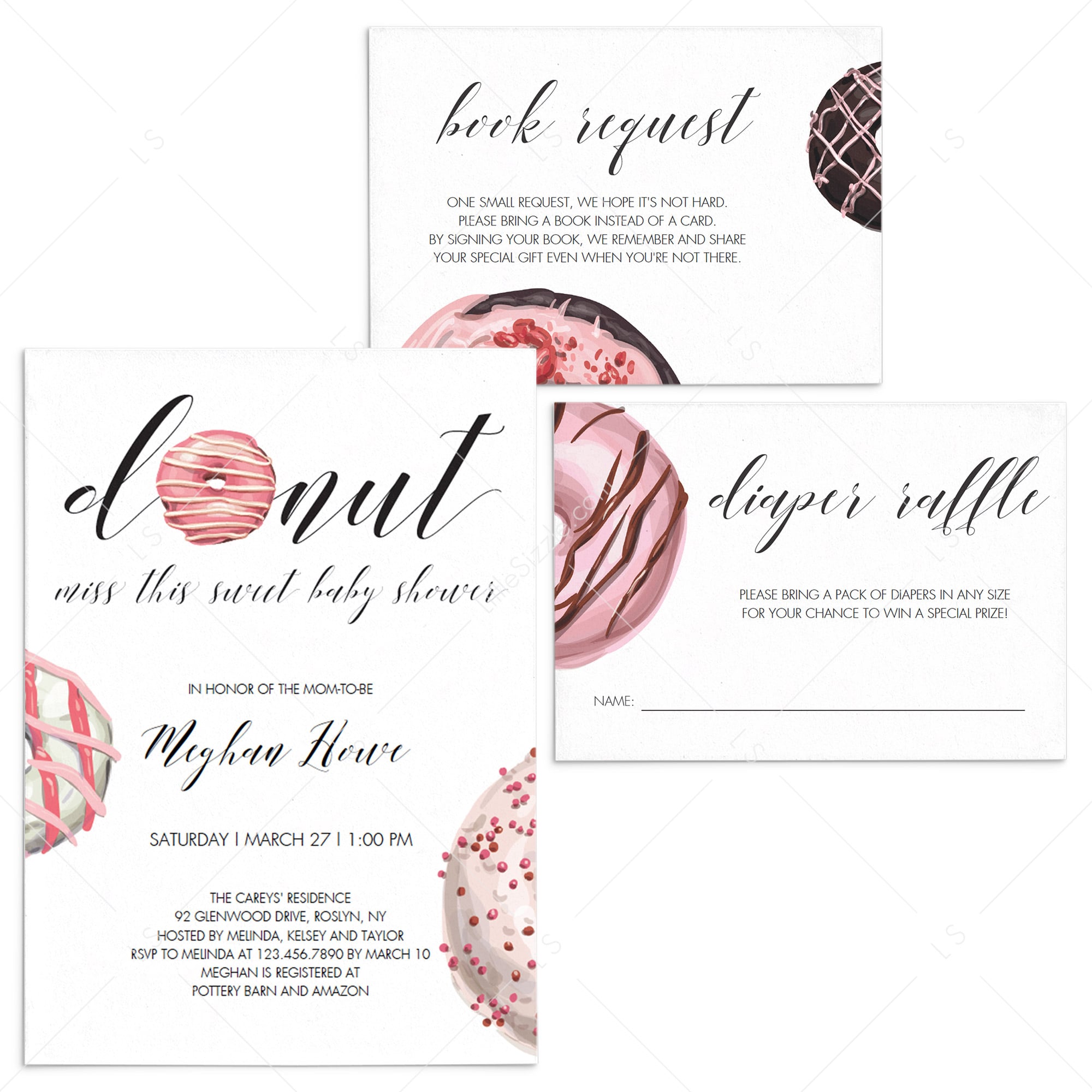 Donut theme baby shower invitation set templates for girl by LittleSizzle