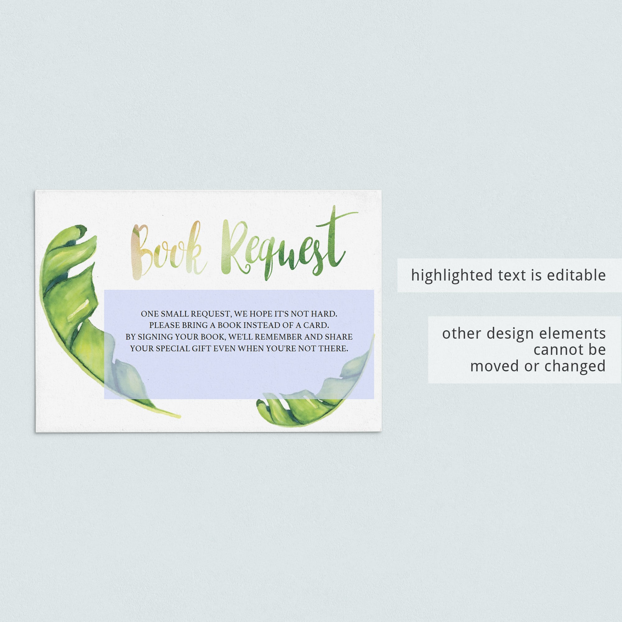 Close-up of tropical baby shower bring a book card printable by LittleSizzle