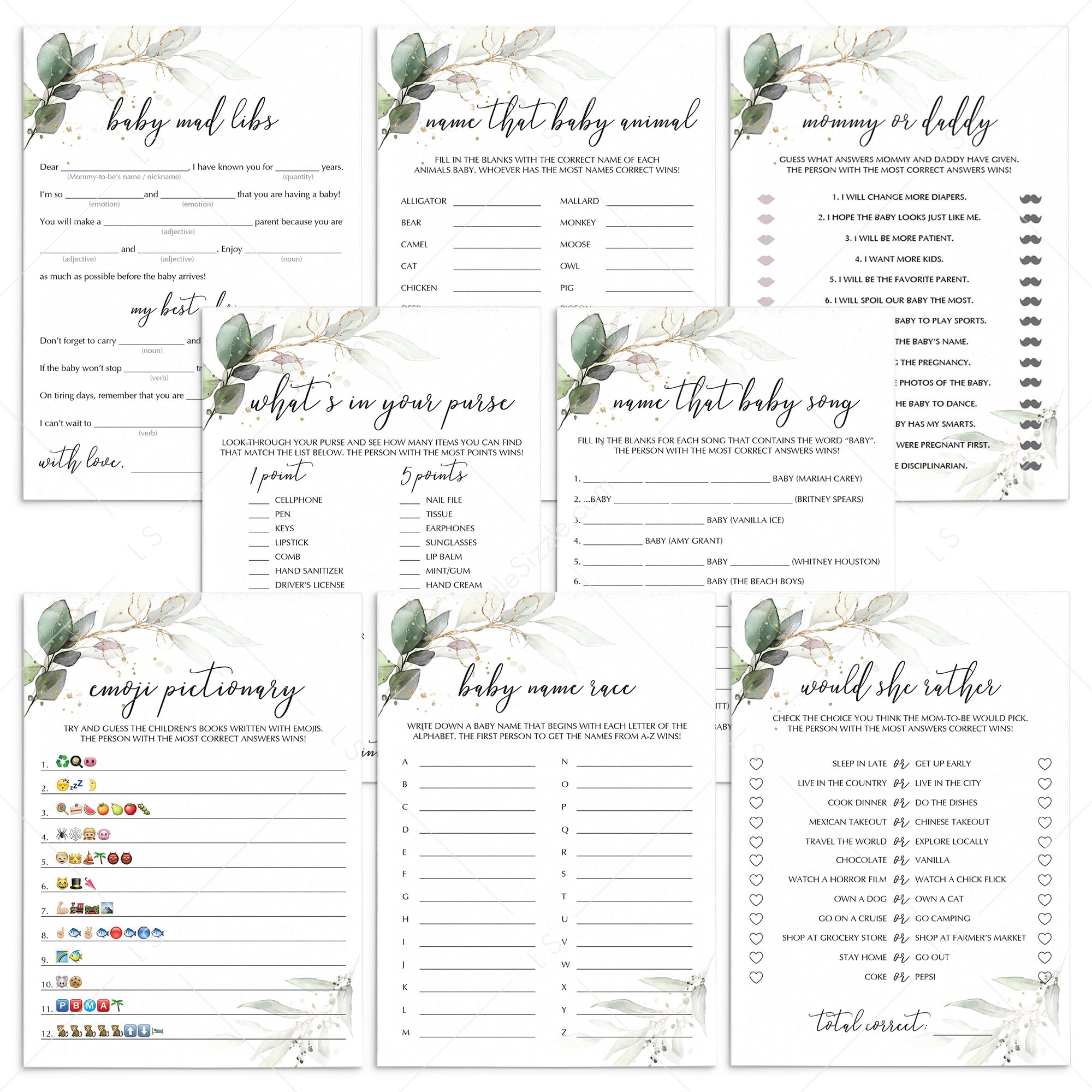 Greenery Gold Baby Shower Games Package Instant Download by LittleSizzle