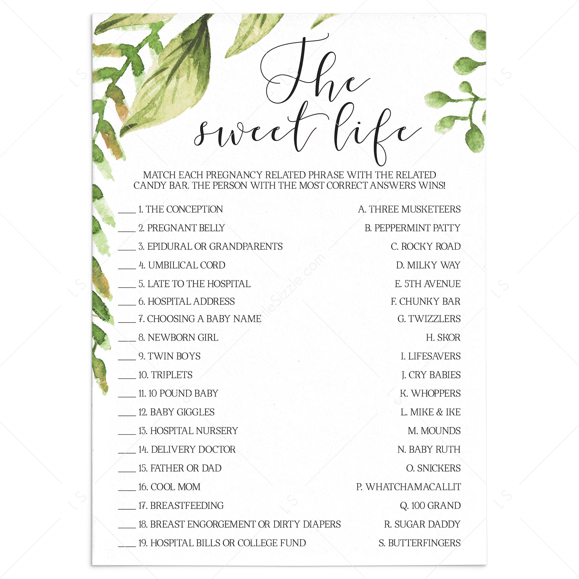 Candy Bar Match Up Baby Shower Game The Sweet Life by LittleSizzle