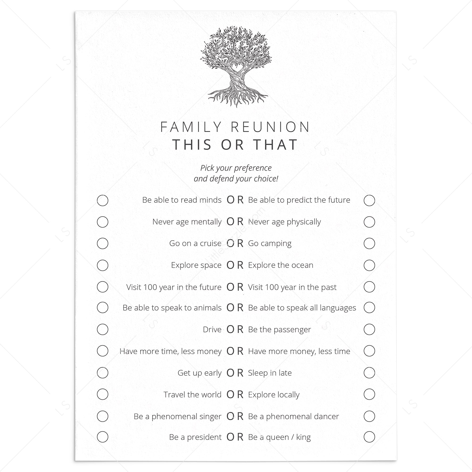 Printable Family Reunion Would You Rather This or That Questions by LittleSizzle