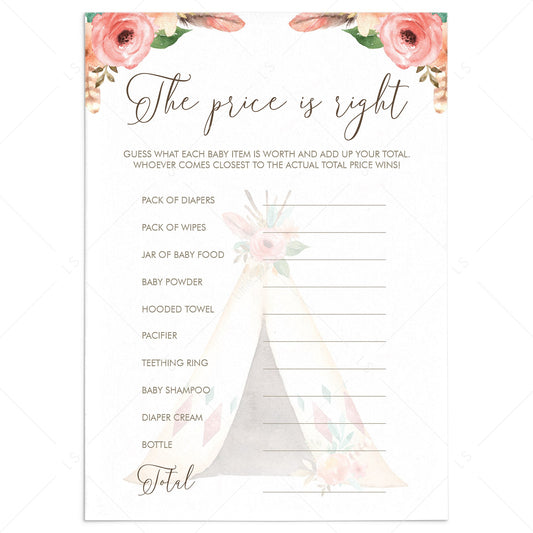 Floral Teepee BabyShower The Price is Right Printable by LittleSizzle