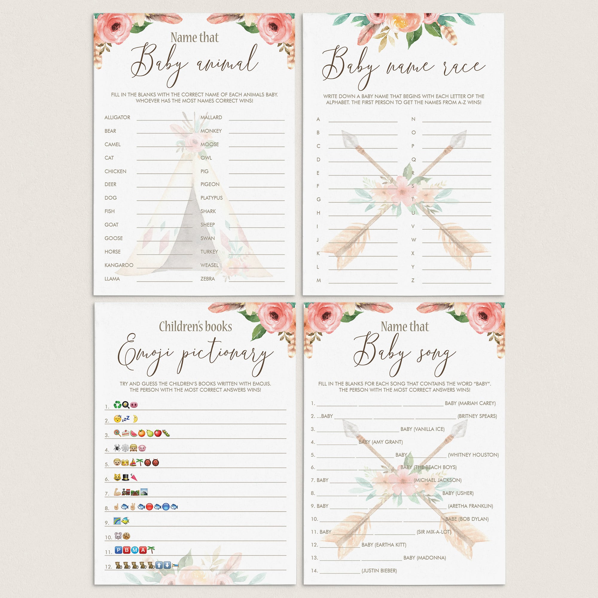 Boho Tribal Baby Shower Activities Pack Printable by LittleSizzle