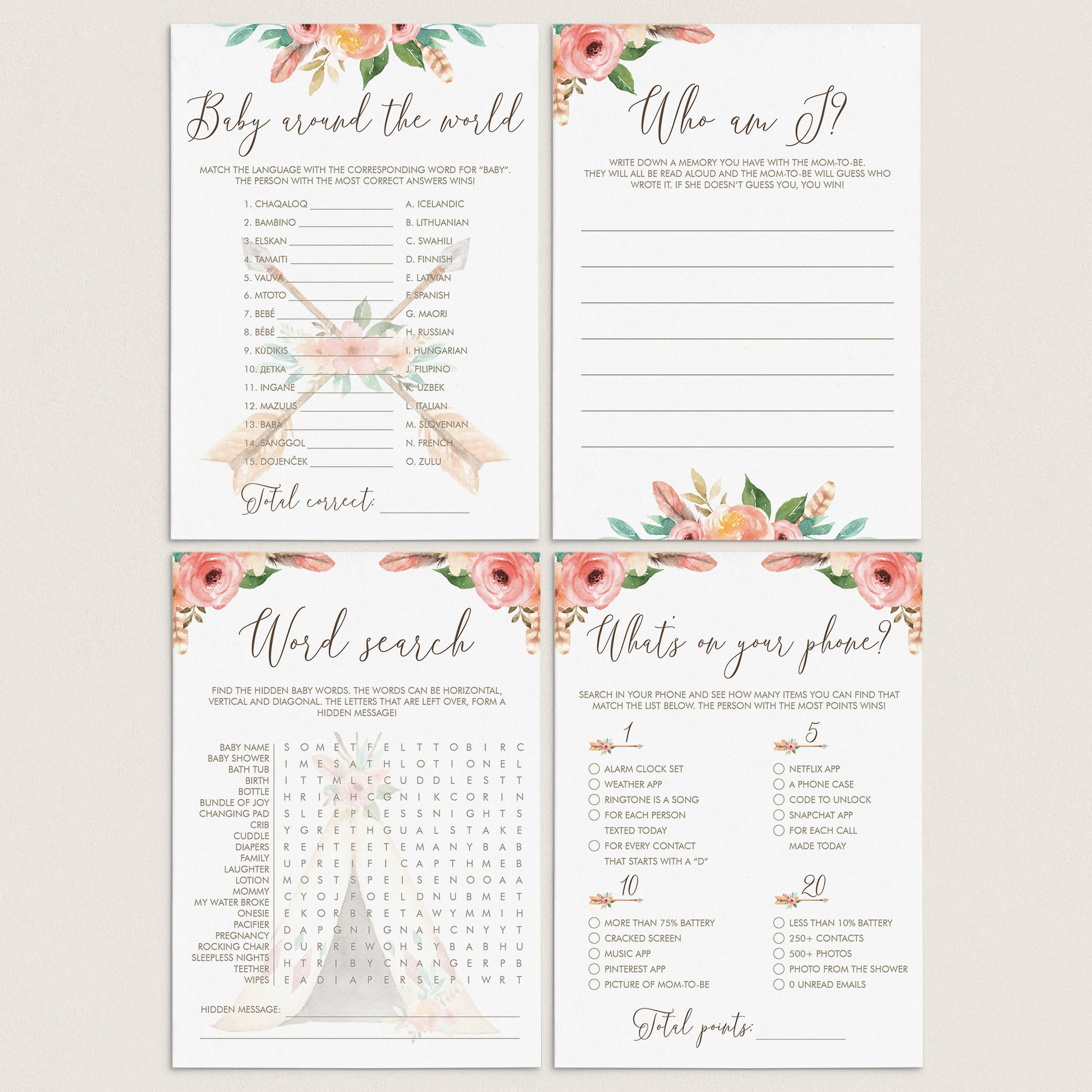 Printable Baby Shower Games Bundle with Blush Roses by LittleSizzle