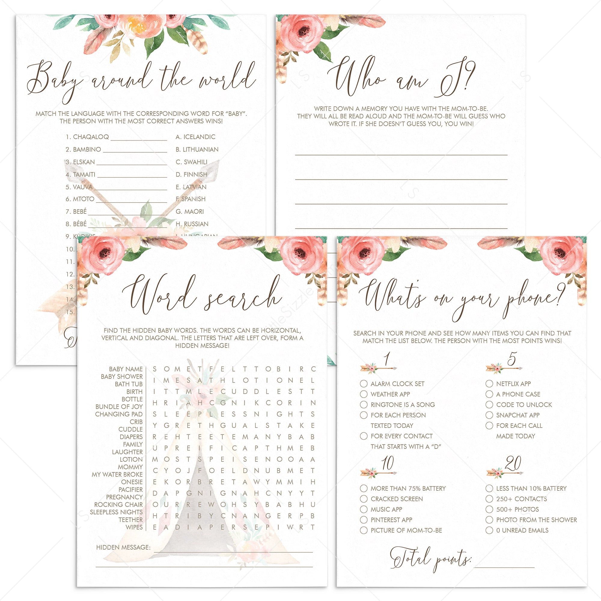 Printable Baby Shower Games Bundle with Blush Roses by LittleSizzle