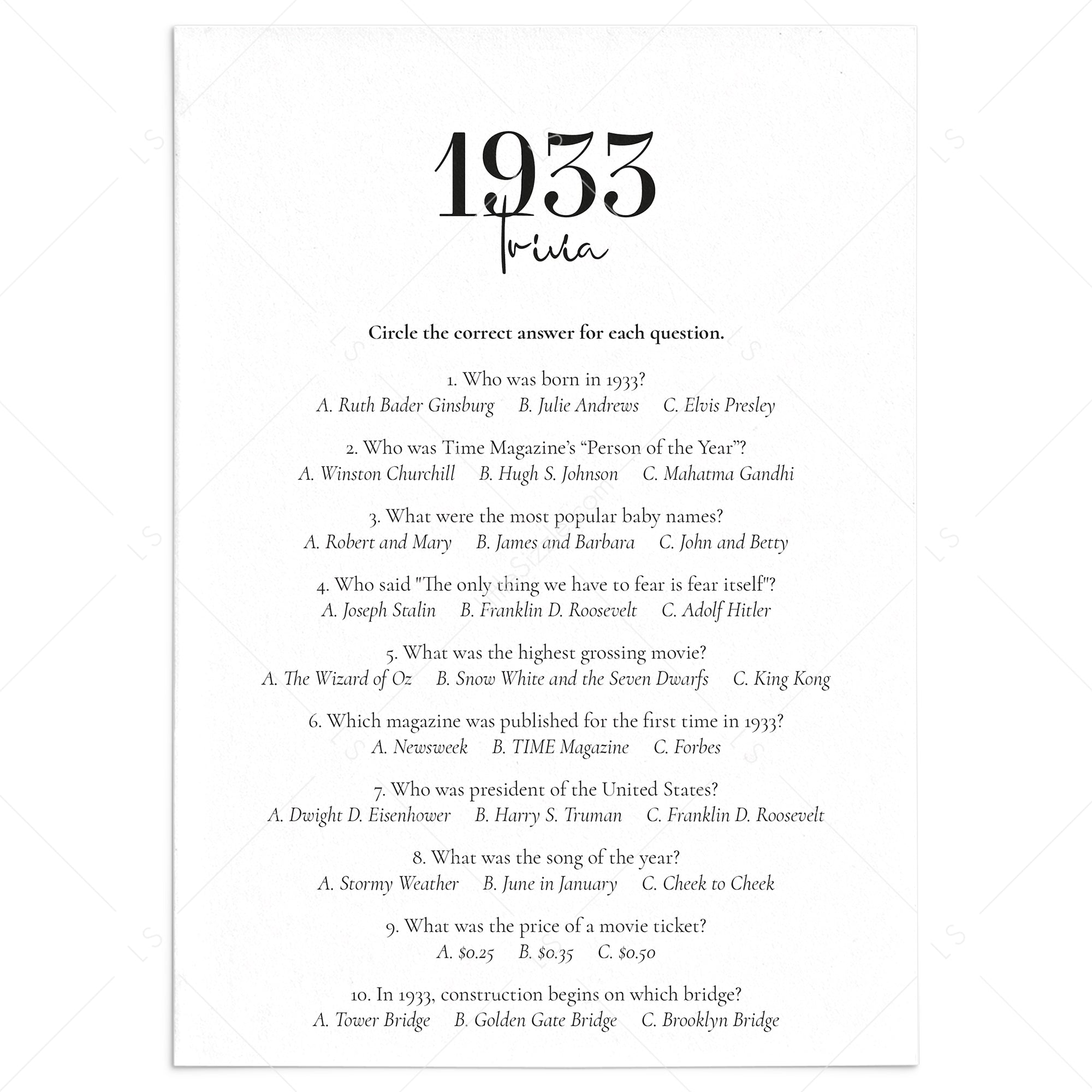 1933 Trivia Quiz with Answer Key Instant Download by LittleSizzle