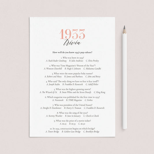 1933 Trivia Questions and Answers Printable by LittleSizzle