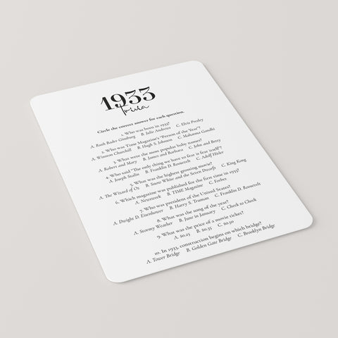 1933 Trivia Quiz with Answer Key Instant Download | 90th Birthday Party Ideas – LittleSizzle