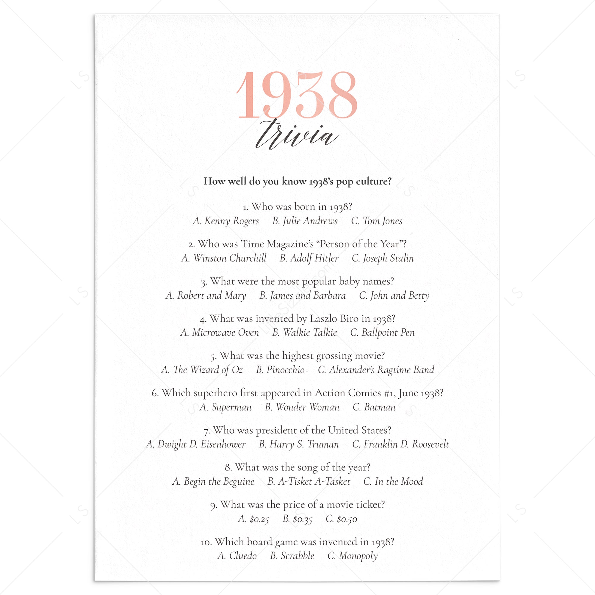 1938 Trivia Questions and Answers Printable by LittleSizzle