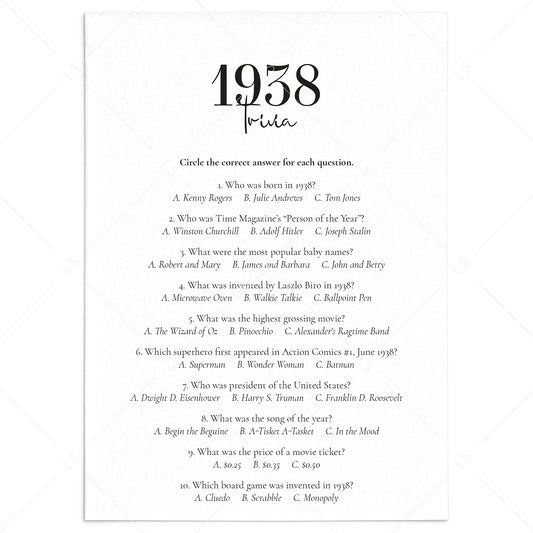 1938 Trivia Quiz with Answer Key Instant Download by LittleSizzle