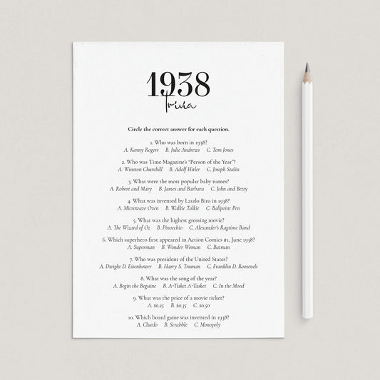1938 Trivia Quiz with Answer Key Instant Download by LittleSizzle