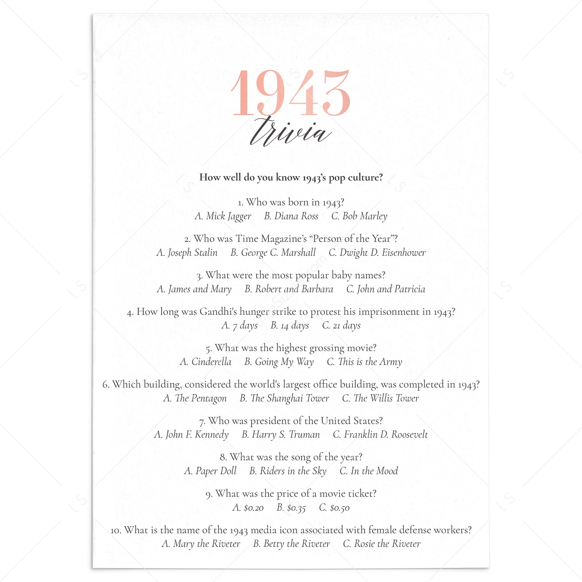 1943 Trivia Questions and Answers Printable by LittleSizzle