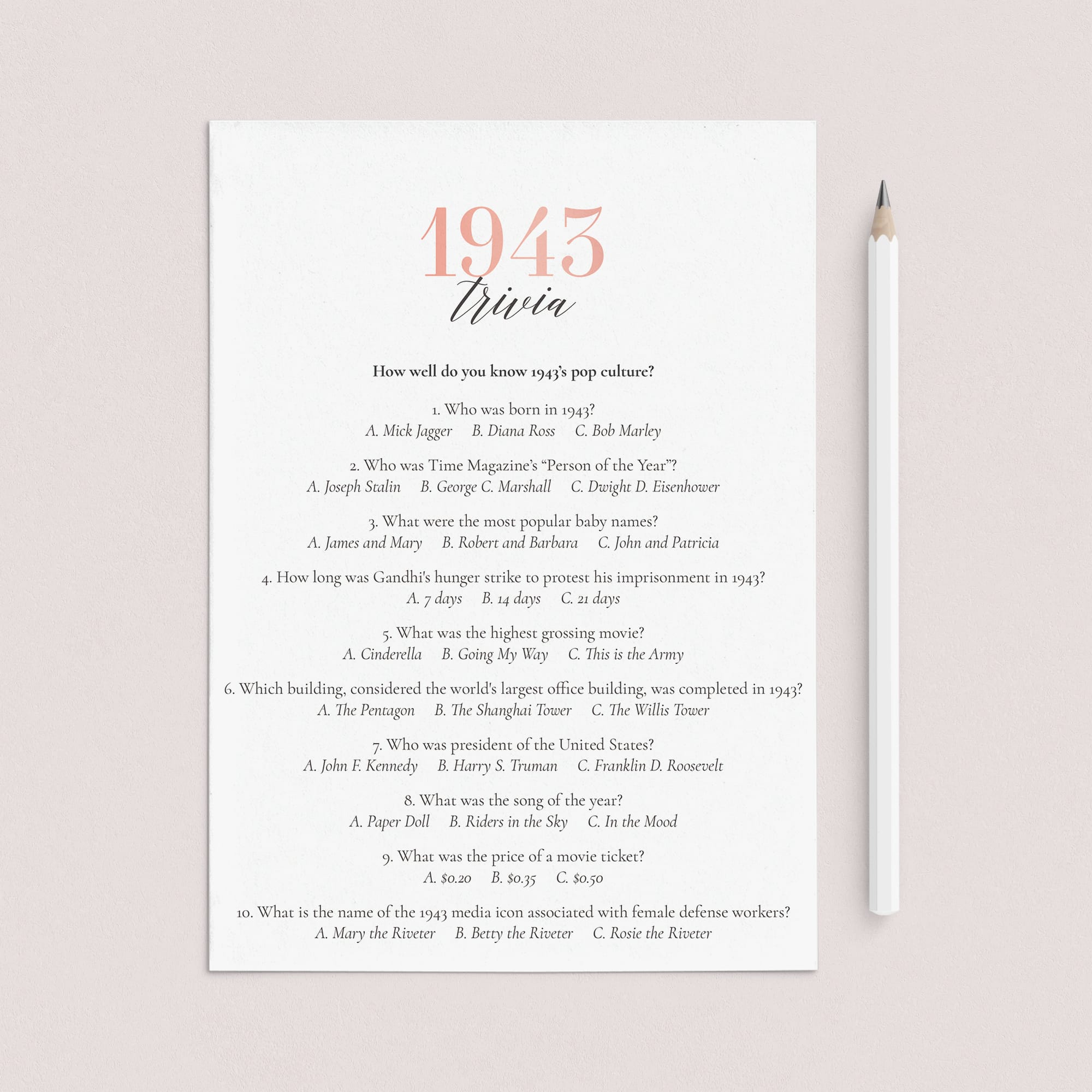 1943 Trivia Questions and Answers Printable by LittleSizzle