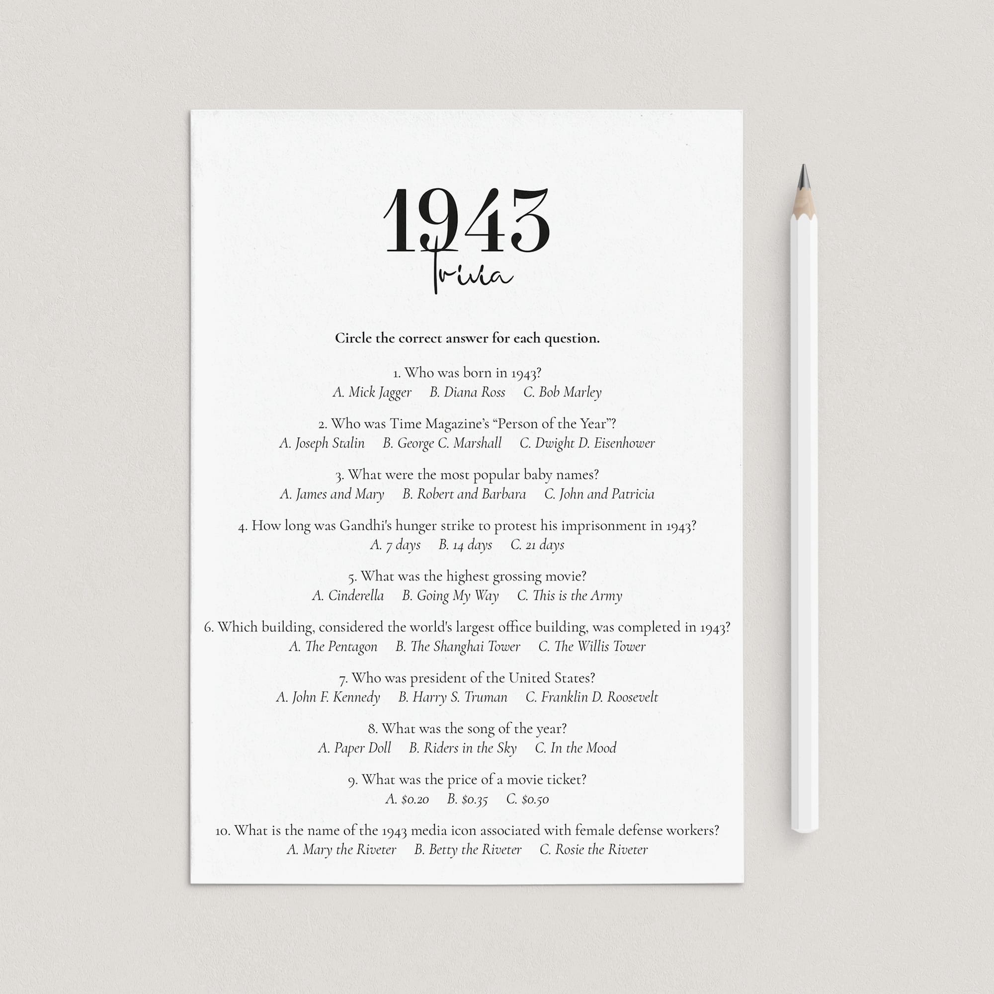 1943 Trivia Questions and Answers Printable