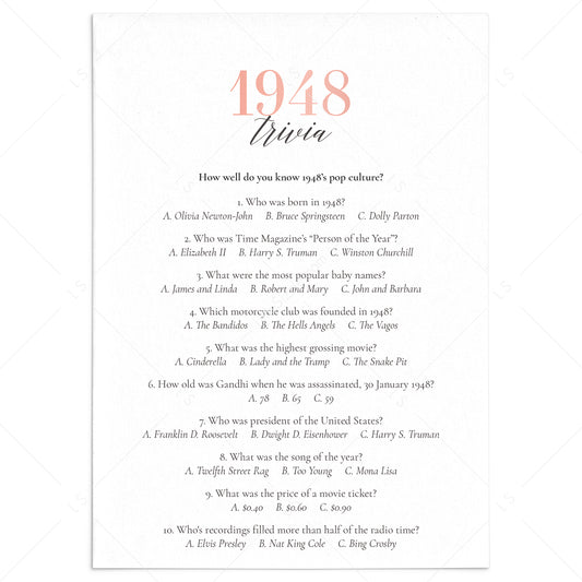 1948 Trivia Questions and Answers Printable by LittleSizzle