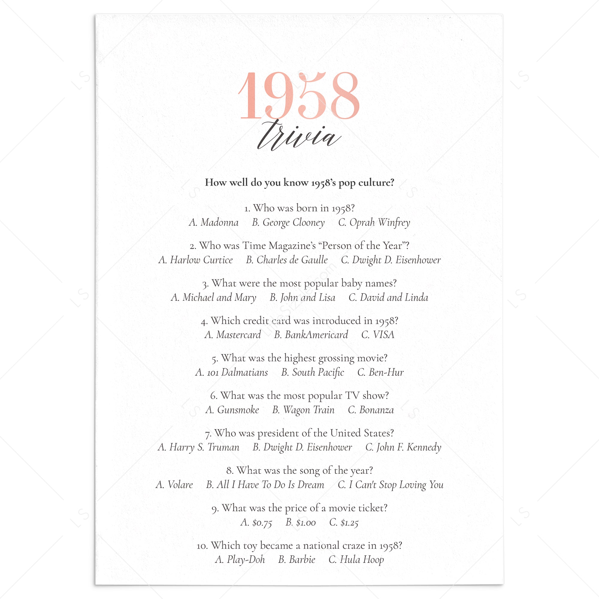 1958 Trivia Questions and Answers Printable by LittleSizzle