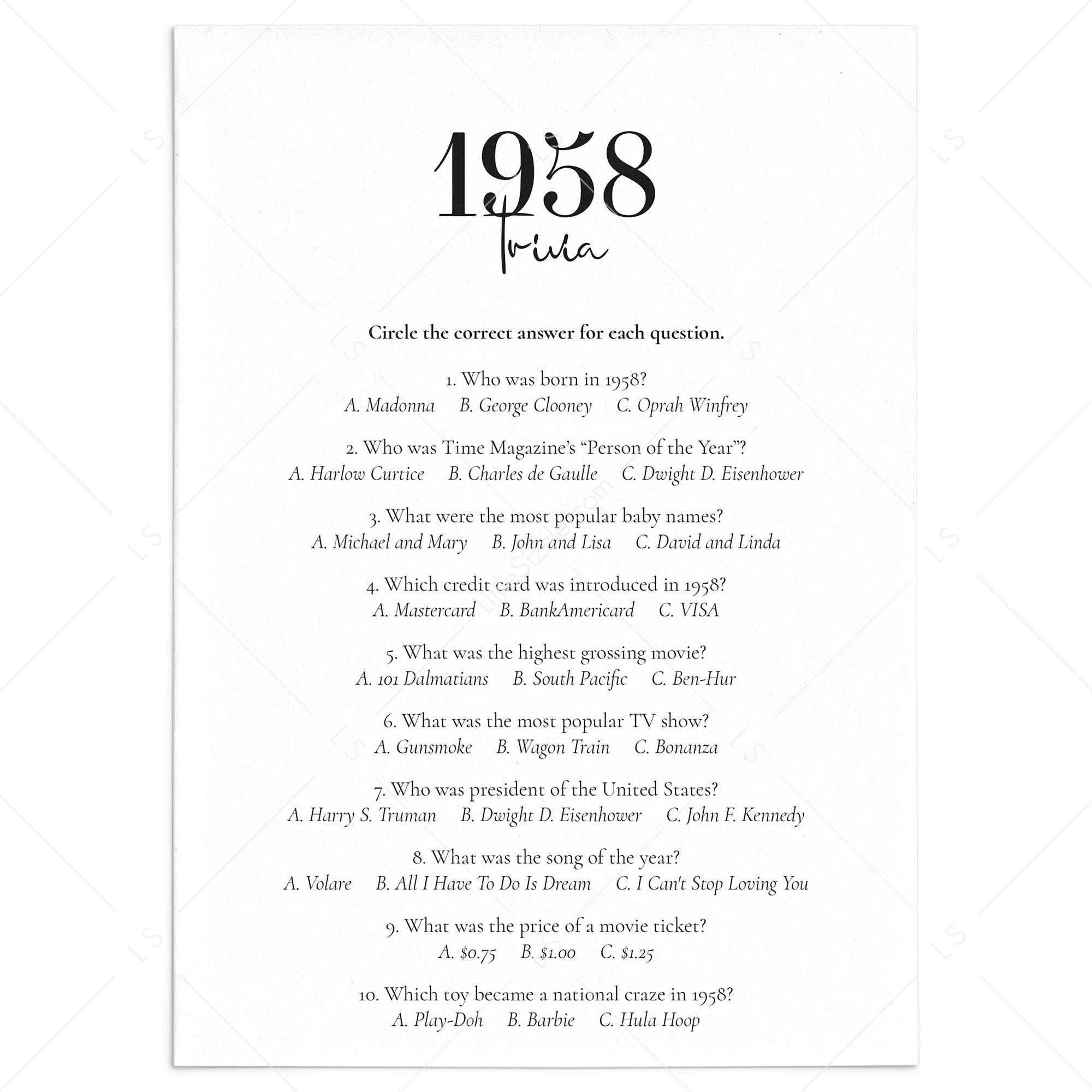 1958 Trivia Quiz with Answer Key Instant Download by LittleSizzle