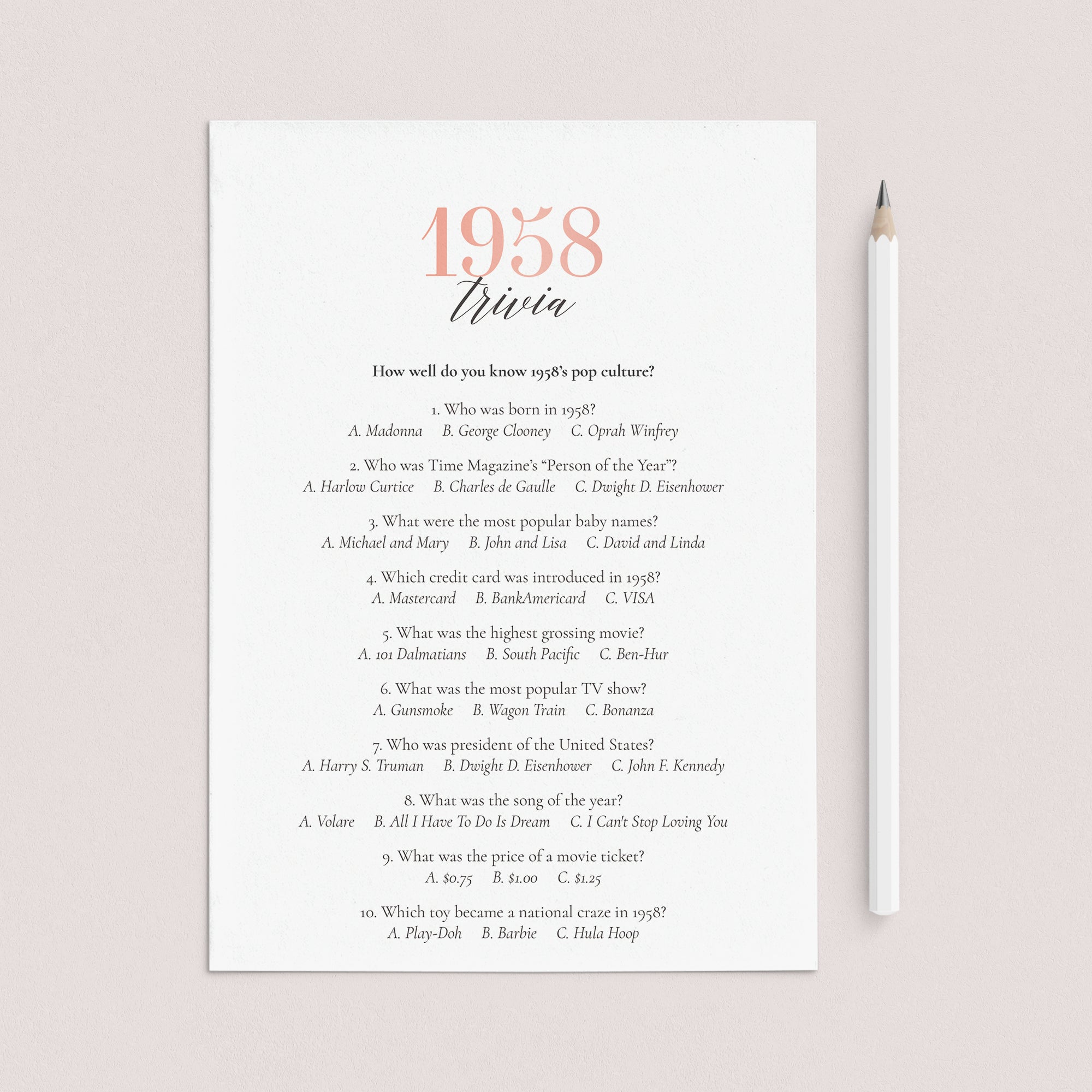 1958 Trivia Questions and Answers Printable by LittleSizzle