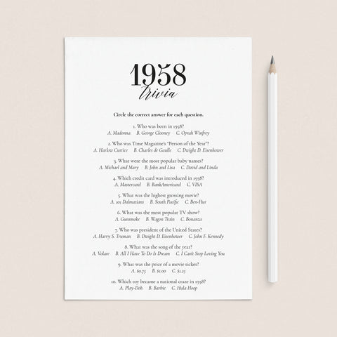 1958 Fun Facts Quiz with Answers Printable | 1958 Pop Culture Trivia ...