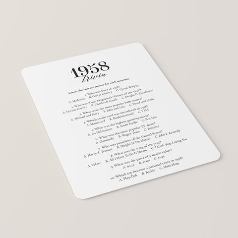 1958 Fun Facts Quiz with Answers Printable | 1958 Pop Culture Trivia ...