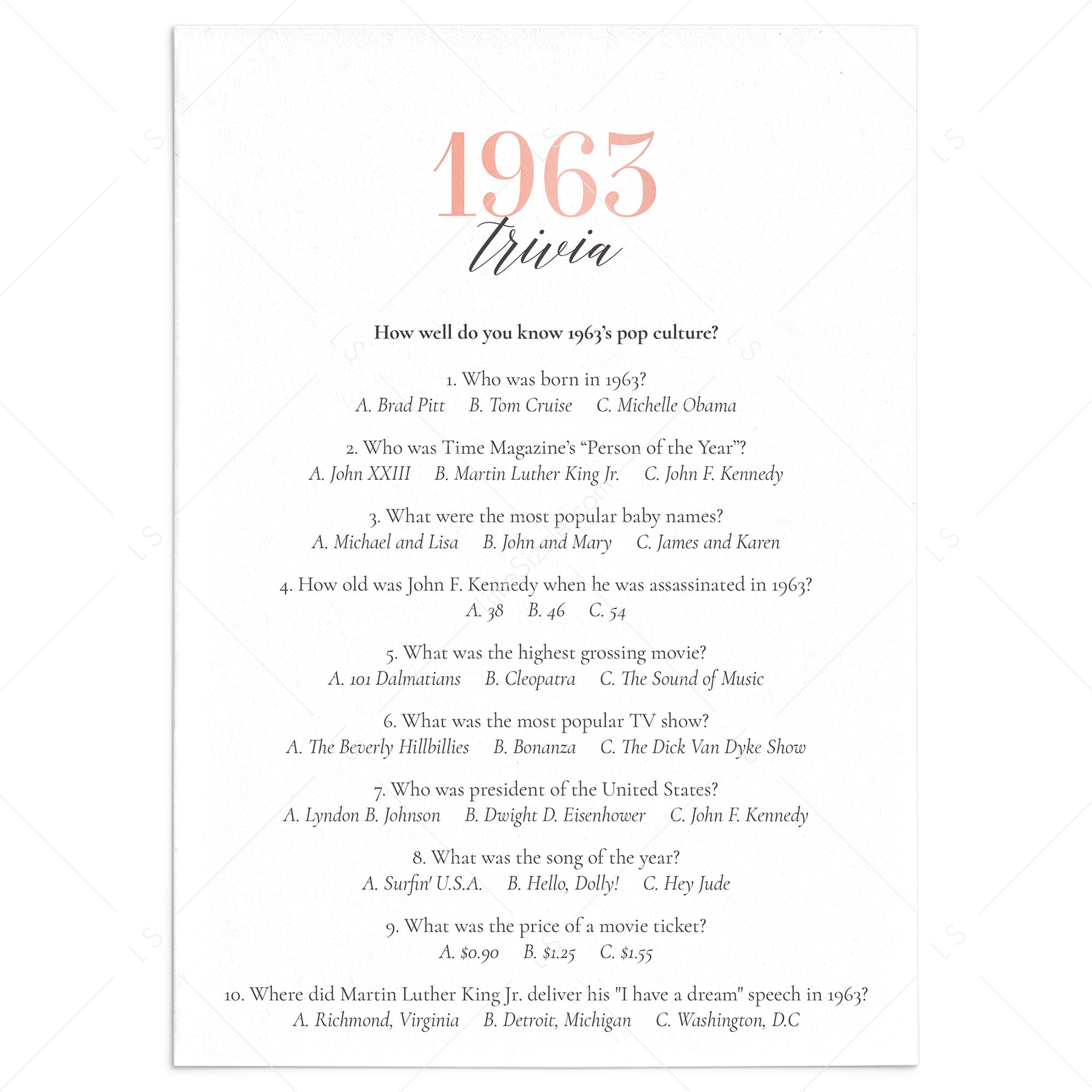 1963 Trivia Questions and Answers Printable by LittleSizzle