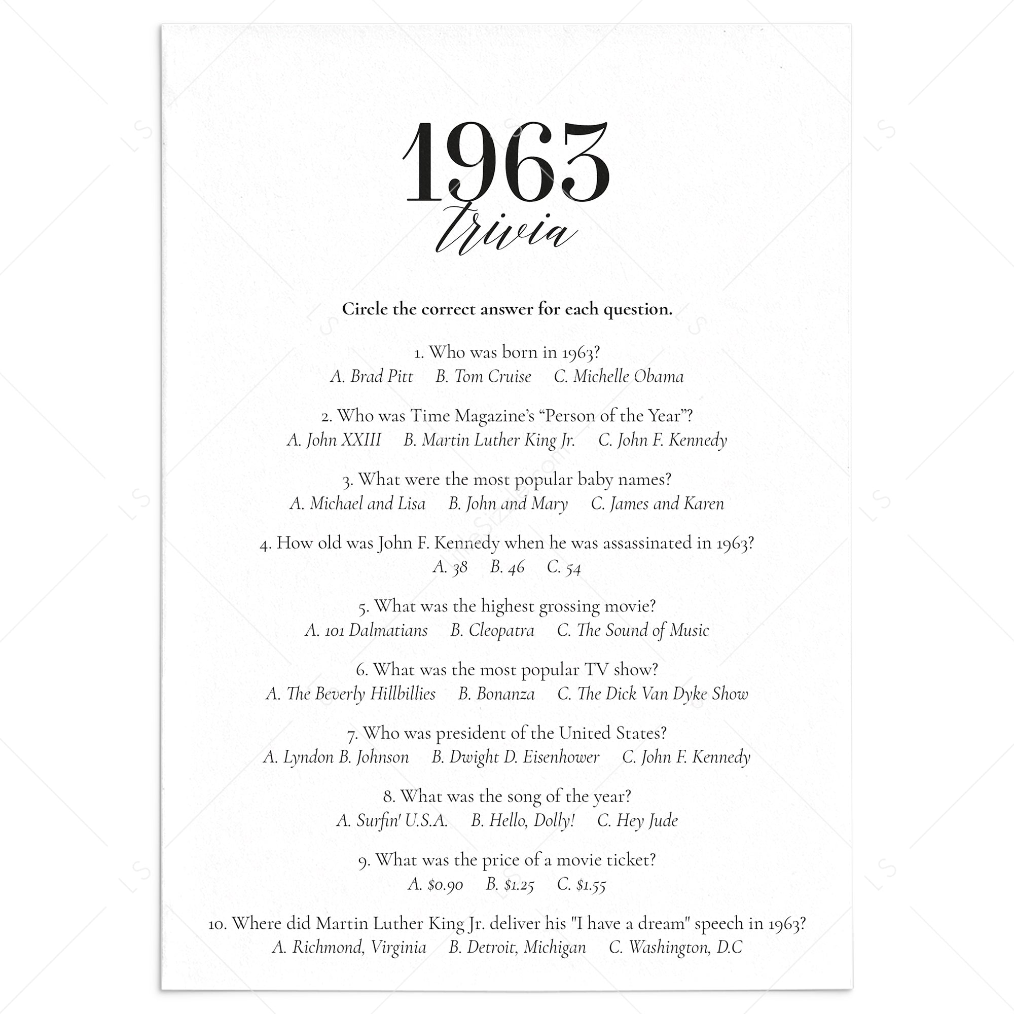1963 Fun Facts Quiz with Answers Printable by LittleSizzle