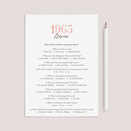 1963 Trivia Questions and Answers Printable by LittleSizzle