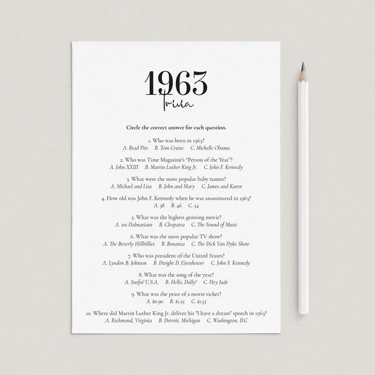1963 Trivia Quiz with Answer Key Instant Download by LittleSizzle